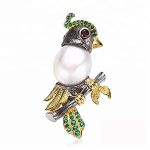 Handmade Custom 925 Sterling Silver Pearl Cute Bird Brooch