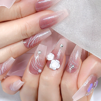 24 Uñas Postizas de ABS Color Rosa Morado con Flores Brillantes, Uñas Artificiales Medianas Estilo Bailarina