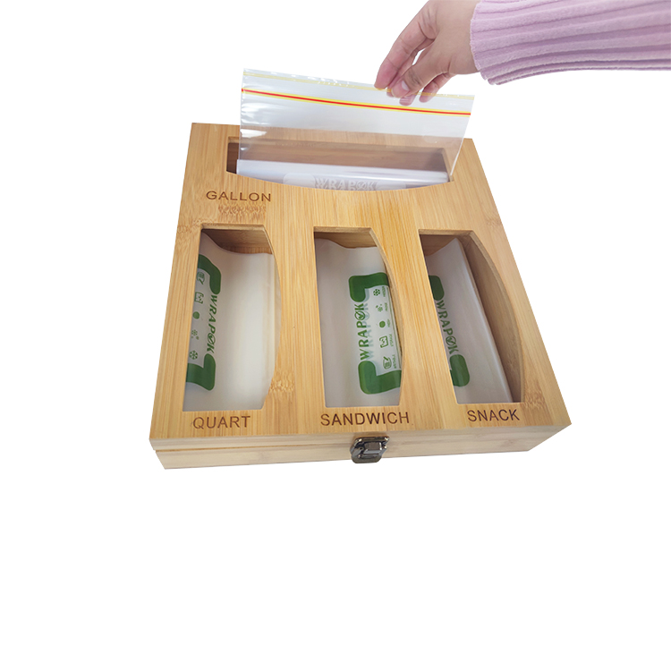 Kitchen Drawer Baggie Holder Organizer , Food Storage Bag Dispenser Bamboo Ziplock Bag Storage Organizer with Lid