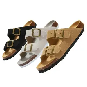 Sandal kulit lunak sol tebal Chunky Cork, sandal kasual antiselip trendi 2 gesper Platform sol tebal