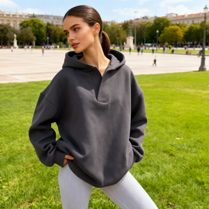 TKAN385 OEM al por mayor Otoño Invierno StreetWear sudadera de moda de gran tamaño personalizado Casual mujeres cuello en V sólido pulóver Sudadera con capucha - Product Image 2