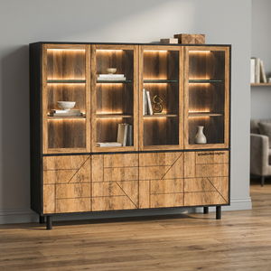 Eco-Friendly Solid Mango Wood Living Room Display Storage Cabinet with Glass Doors | Modern <b>Wooden</b> Display <b>Unit</b> - Product Image 3