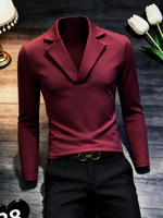 T-shirt Homme Rouge Bordeaux Vintage Uni à Manches Longues Col V Coupe Slim 2026 Nouvelle Collection Automne Doux Confortable Élégant et Tendance