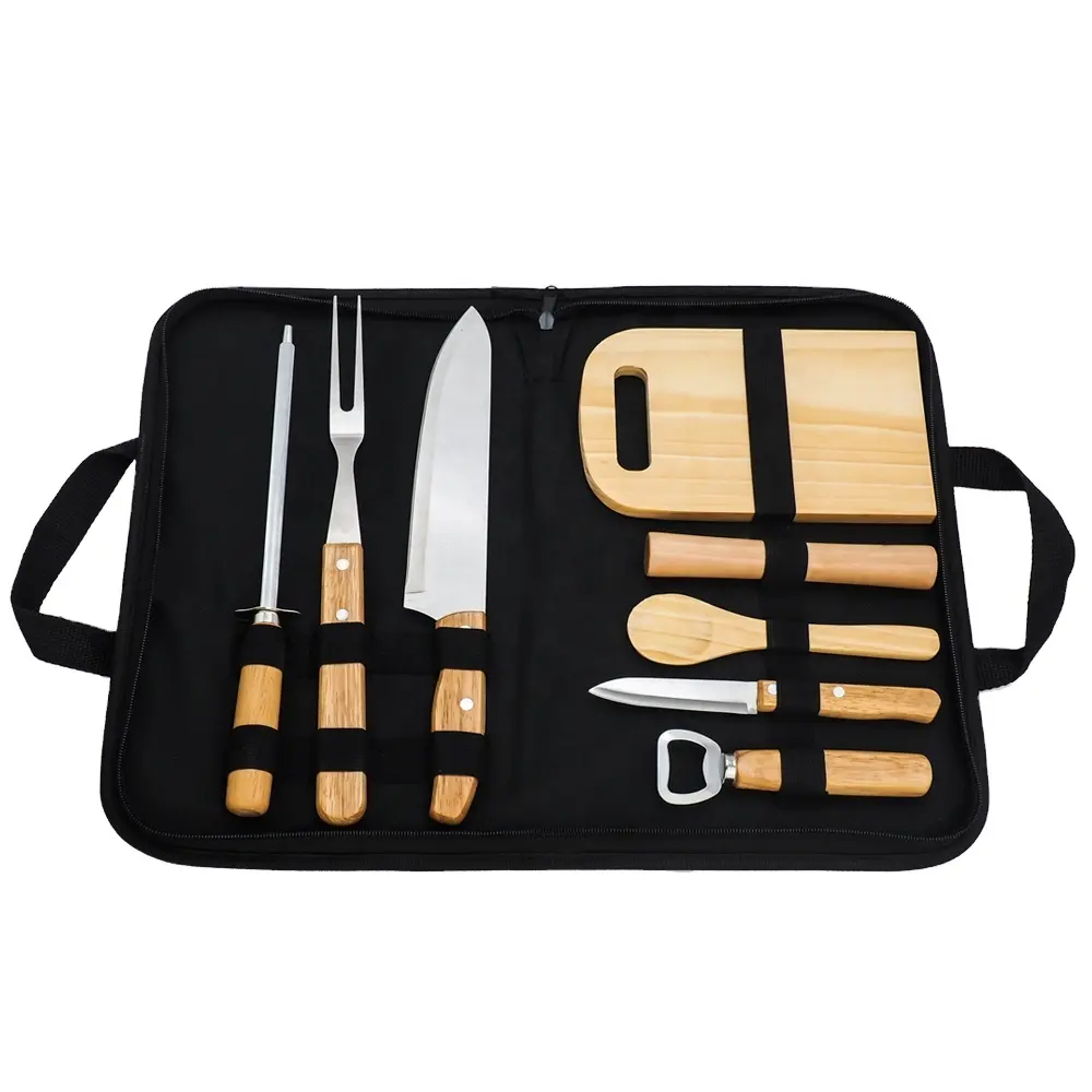 Easy Clean 9PCS High Quality Wooden Handle BBQ Tool Outdoor With BBQ Cutting Board Accessories For Environment Wood Knife