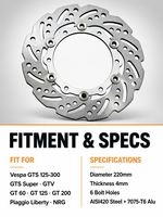 Part Performa Skuter Cakram Rem Depan Floating 220mm untuk Motor GTS/GTS Super/GTV/GT 60/GT/GT L 125-300cc