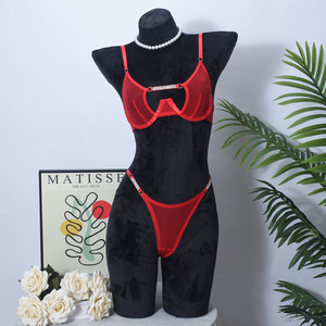 Ensemble de lingerie 2 pièces sexy et érotique, ultra-fin, ajouré, couleur unie, en maille transparente, très vendu - Product Image 5