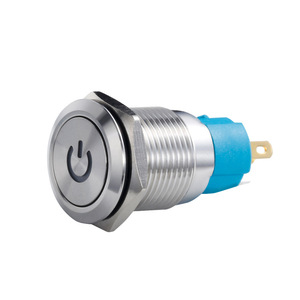 Interrupteur à bouton-poussoir 19 mm à tête plate, étanche IP65, avec anneau LED lumineux, en acier inoxydable, 1NO1NC, 3A, 220V, avec logo d'alimentation - Product Image 1