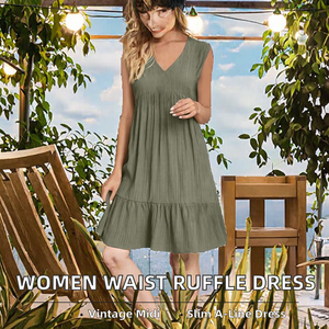 Robe d'été décontractée sans manches pour femme, col en V, coupe trapèze, mini-robe unie avec ourlet à volants, en coton tissé respirant, coupe ample - Product Image 2