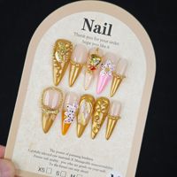 Tacana 10 pièces Faux ongles à presser de luxe style français, forme Stiletto, avec nœud, cœur, strass, baroque, doré européen, couverture complète