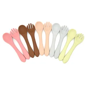 BHD Custom BPA Free First Stage Spoon Fork Set Baby Feeding Product Long Handle Silicone Spoons