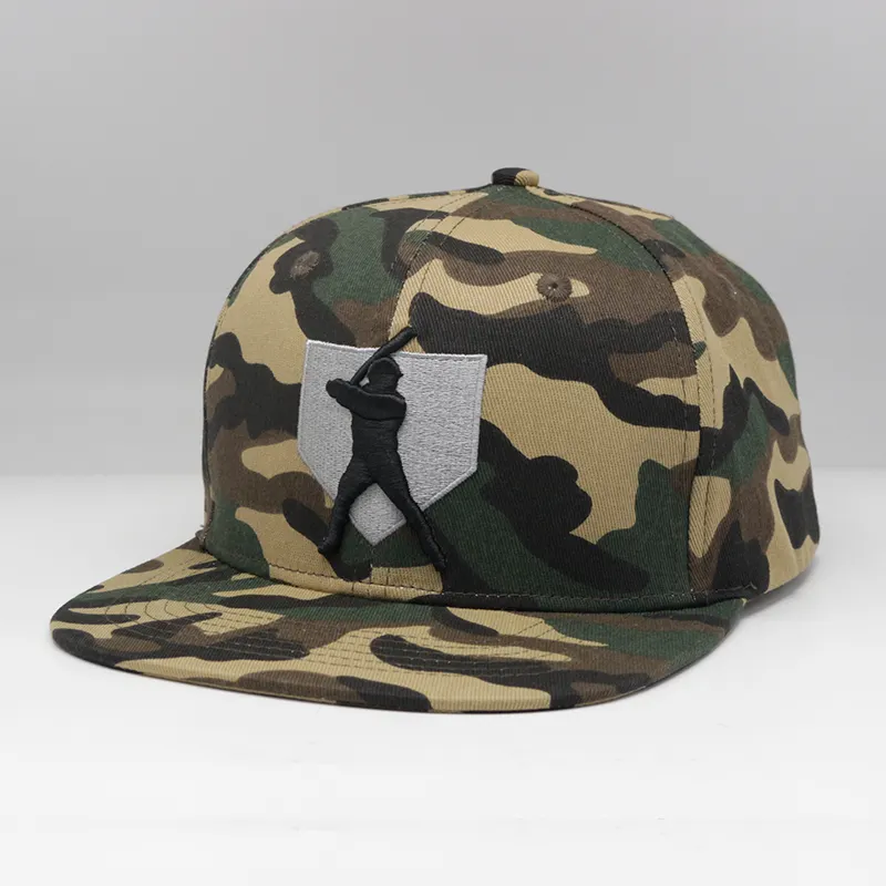 Personalizado 3D Bordado Flat Bill Camo Sombreros Lona Camuflaje Snapback Cap