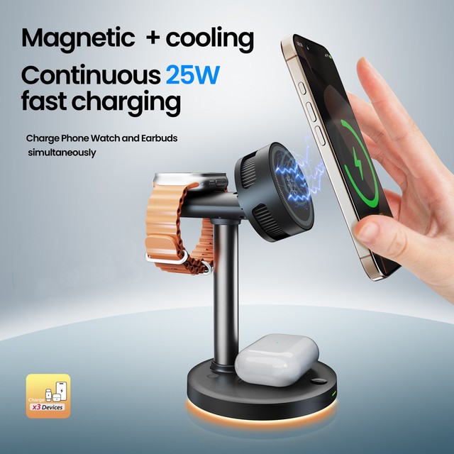 Latest Design Multifunctional Aluminium Alloy Magnetic Charging Station 25W 3 in 1 Wireless Charger Cube with Cooling Fan AK60