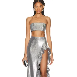 SS2253 Two Piece Skirt Set Women Clothing Off Shoulder Sexy Party Trend Set Silver Sequin Clothes With High Slit