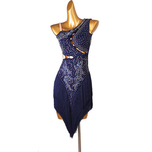 Robe de <span class=keywords><strong>Danse</strong></span> Latine Scintillante pour Compétition, Sexy, Dos Nu, à Franges, pour <span class=keywords><strong>Jive</strong></span> et Three Step, Bleu Marine, pour Femme, Robe de Performance Latine - Product Image 4