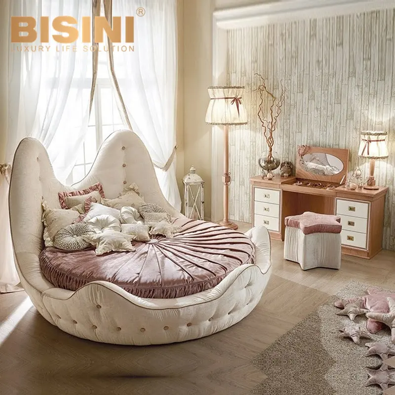 Tapizado de madera, respaldo alto, cama redonda, muebles de dormitorio para niños de princesa