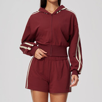 Ensemble de survêtement personnalisé pour femme : sweat à capuche court zippé à rayures latérales et pantalon large, 2 pièces, décontracté, chaud pour l'hiver, idéal pour le yoga et la gym