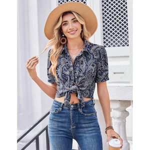 Camisa de mujer con botones, manga corta, blusa de gasa con estampado de Paisley, Top informal de negocios, ropa de verano - Product Image 4