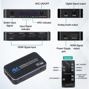 Commutateur <span class=keywords><strong>HDMI</strong></span> 2.0b 4 ports <span class=keywords><strong>4K</strong></span> 60Hz, boîtier de commutation HDMI2.0, 4 entrées 1 sortie avec sortie audio optique 3,5 mm, extracteur audio à distance, <span class=keywords><strong>ARC</strong></span> HDCP2.2 - Product Image 5