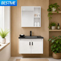 Meuble-lavabo BESTME en aluminium nid d'abeille blanc pour salle de bain |   Lavabo en céramique noire, armoire à miroir avec étagères de rangement ouvertes