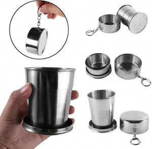 Portable Stainless Steel Folding Water Drinking Cup <b>Key</b> <b>Chain</b> Travel Camping Mug Telescopic Metal Cup for Outdoor Recreation - Product Image 3