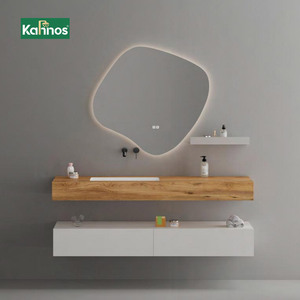 Meubles-lavabos contemporains à deux niveaux avec miroir LED irrégulier à intensité variable et finition grain de bois – Ensemble complet - Product Image 1
