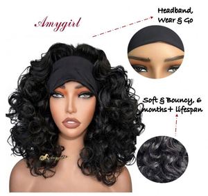 Perruque synthétique bouclée ondulée de 14 pouces avec bandeau, petite boucle moelleuse, résistante à la chaleur, densité 250 %, fabriquée à la machine, style africain noir - Product Image 3