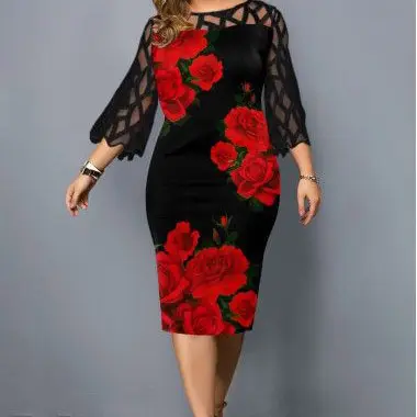 Plus Size Dresses 4XL 5XL 6XL Lace Mesh Sexy Elegant Midi Party Dress Red Black Green Purple Loose Hellow Women's Clothing 2021