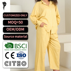 Conjuntos de Blusas y Camisas de Lino y Algodón al por Mayor para Mujer, Pantalones Largos de Pierna Ancha, Conjuntos Casuales de Lino Liso de 2 Piezas - Product Image 1