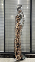 Robe longue élégante et sexy sans manches, dos nu, imprimé léopard, à sequins, antistatique, coupe trapèze, pour soirée formelle