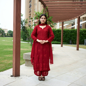 Salwar Kameez de Georgette Bordado Color Granate para Mujer, Estilo Tradicional Holgado, Largo hasta el Tobillo, Ropa Étnica de India y Pakistán, Estilo Casual - Product Image 1