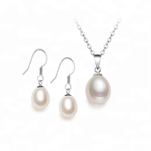 Einfache hochwertige Süßwasser natürliche Tropfen Perle Frauen Schmuck Silber Anhänger und Ohrring Set