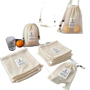 Bolsa de malla de algodón orgánico impresa a máquina, la más vendida, con doble cordón y borlas de cuentas de madera, cierre ajustable; 100% algodón - Product Image 1