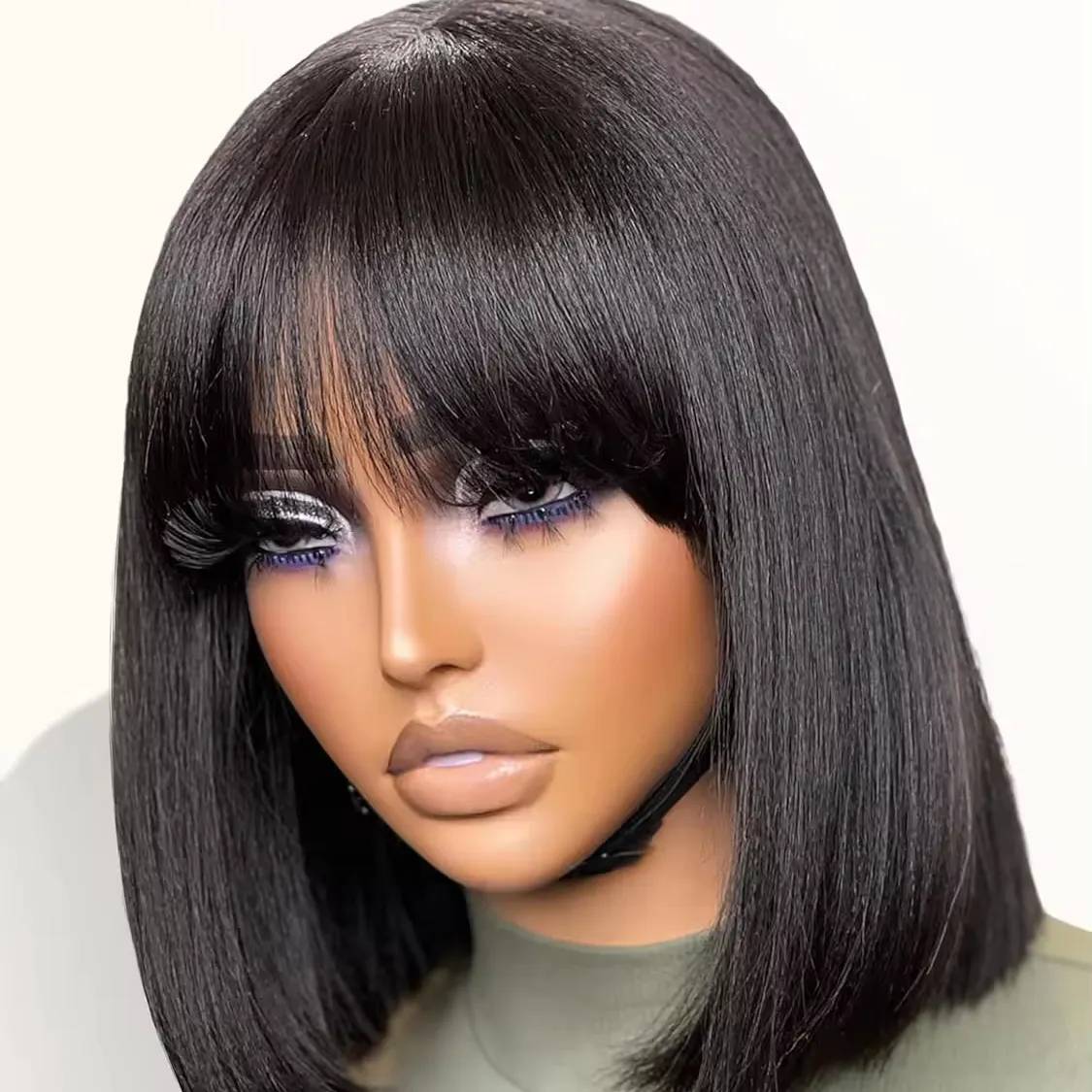 10 Inch Light Yaki Straight Short Black Bob Wig with Bangs