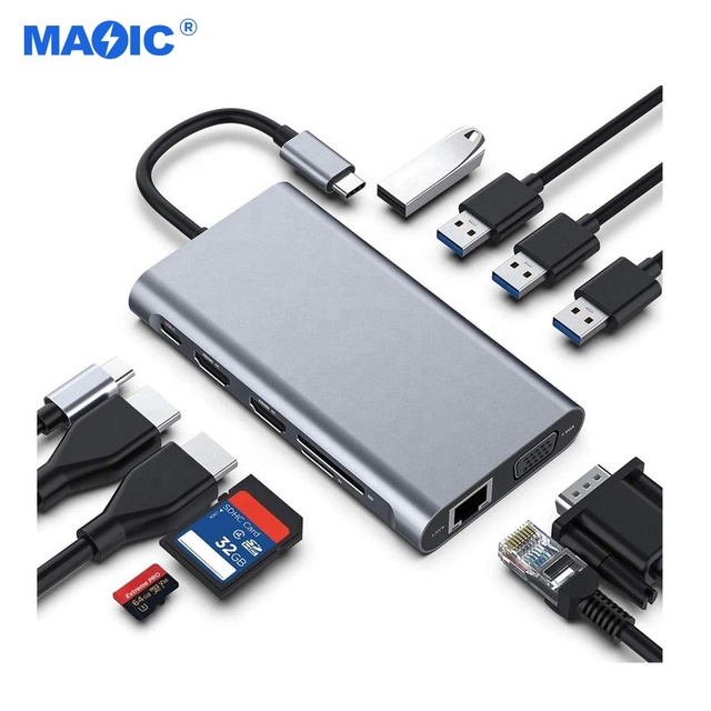 OEM 10Gbps USB C 3.1 Type-C 11 in 1 HUB to 2x HDMI 4K 3xUSB3.0 SD/TF PD Gagibit VGA USB C Hub Adapter