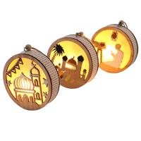 Ornement suspendu en bois LED Eid Mubarak, lumière décorative pour le festival du Ramadan avec motif de mosquée islamique et de lune