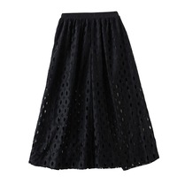 Pantalon Palazzo Femme Noir à Jambes Larges avec Superposition de Dentelle Transparente et Taille Élastique, Collection Printemps-Été 2026 – Vente en Gros