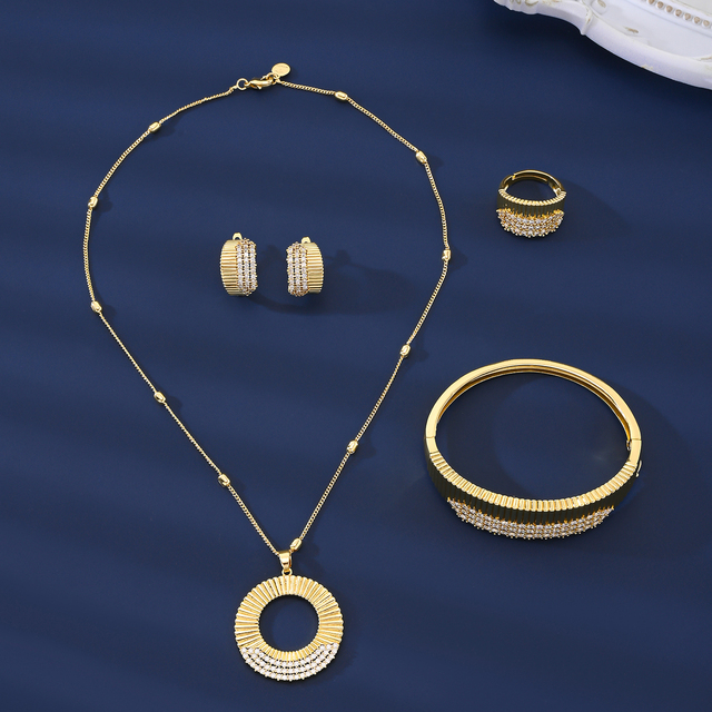 18K Gold Plated 4-Piece Women's Jewelry Set Hollow Circle Pendant Necklace Huggie Earrings Bangle-Handmade Wedding Jewelry MEIZI