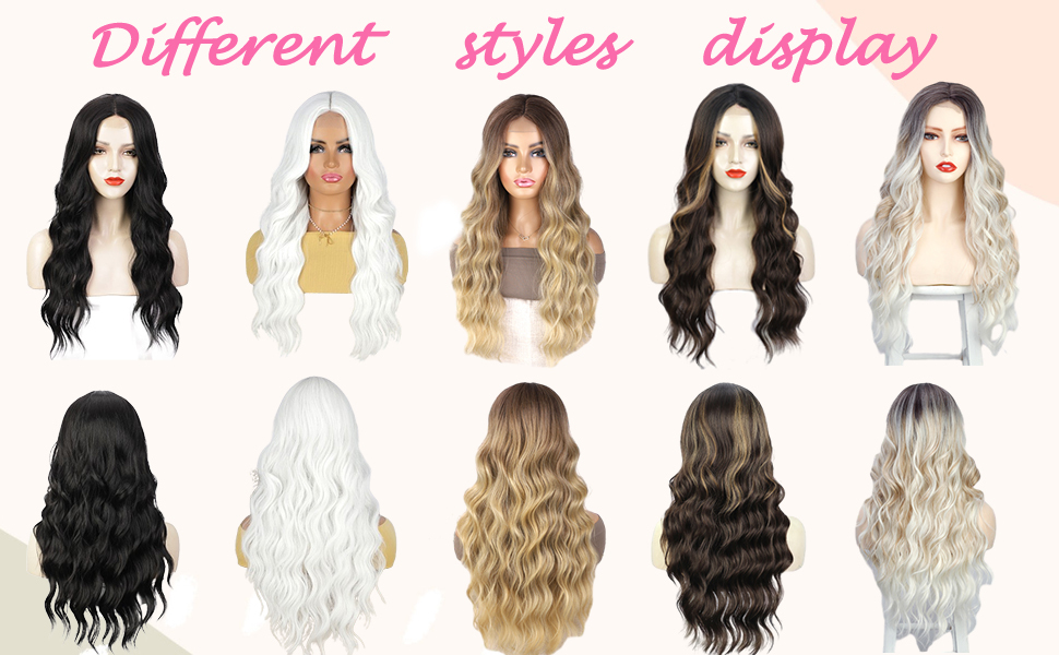 KAMA Women's Heat Resistant Lace Front Wig Dark Root Synthetic Fiber Wavy Curly Middle Part for Daily Party Use Long Wavy Style Detail Section 2