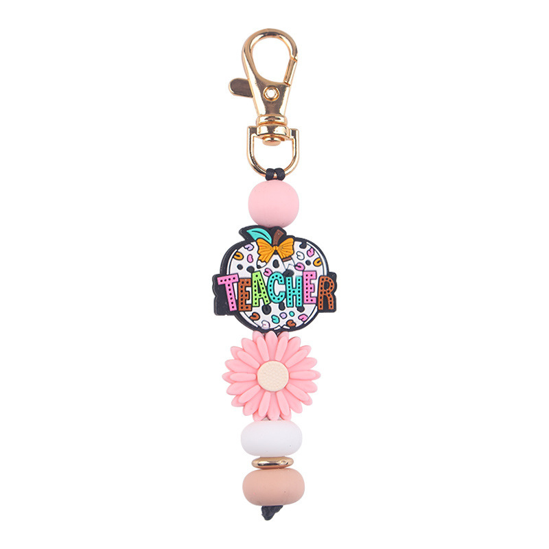 Bohemian Daisy Bead Keychain Badge Holder Cute Flower Silicone Key Ring Lanyard With Clip for Teachers Students Gift Idea