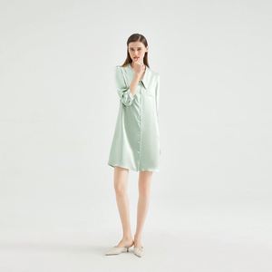 Robe chemise en satin pour femme, manches trois quarts, col rabattu, longueur genou, chemise de nuit - Product Image 4