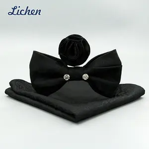 Lichen Desenvolver Homens Cristal Bowties para Homens Como Presente Conjunto com Hanky e Lapel-pin em Caixa De Papel