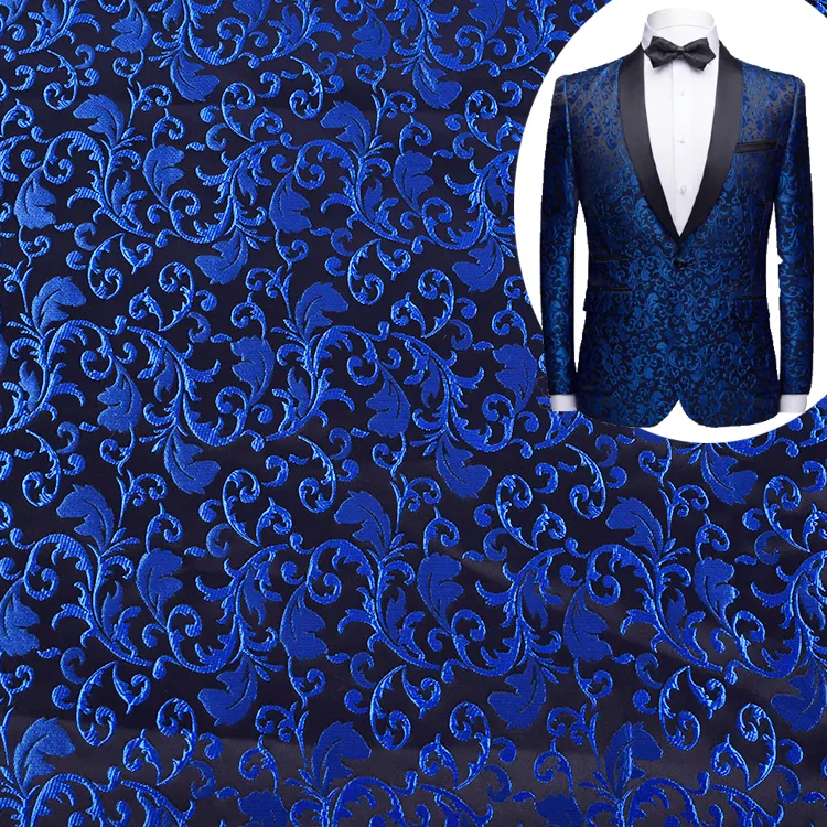 190GSM Luxury High Density Brocade Blue Color Polyester Nylon Floral Jacquard Woven Fabric for European Gentlemen Suit