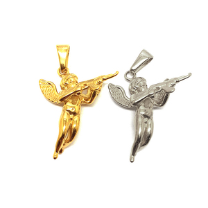 Ciondolo Trendy 25mm Revenge Angel in Acciaio Inossidabile Placcato Oro 18K e <span class=keywords><strong>Argento</strong></span>, con <span class=keywords><strong>Ali</strong></span> <span class=keywords><strong>d</strong></span>'Angelo e Pistola, Charm per Collana da Uomo - Product Image 1
