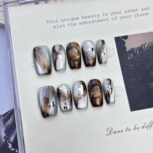 Nuevo Producto Lanzado, <span class=keywords><strong>Uñas</strong></span> Postizas de Lujo con Diseño de Flor en Dorado y Azul Oscuro - Estilo de Alta Gama - Hechas a Mano - Product Image 6
