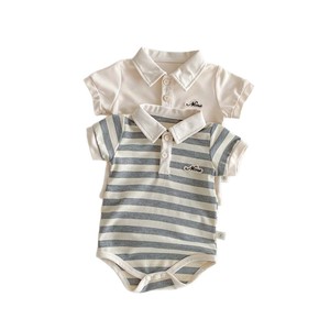 Combinaisons pour bébé à manches courtes d'été, col côtelé avec boutons-pression, motifs rayés unis, combinaisons en coton doux - Product Image 5