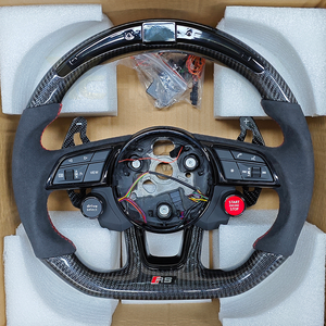 Volant en cuir semi-synthétique et fibre de carbone avec bouton de démarrage pour <span class=keywords><strong>Audi</strong></span> A3 A4 A5 A6 A7 C6 C7 C8 S3 S4 S5 S6 B7 B8 B9 RS3 RS5 <span class=keywords><strong>RS6</strong></span> - Product Image 3
