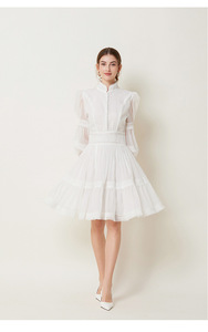 Jupe trapèze élégante haut de gamme pour femmes col montant manches lanterne française dentelle épissage maille Style décontracté pour la <span class=keywords><strong>saison</strong></span> de <span class=keywords><strong>printemps</strong></span> - Product Image 6