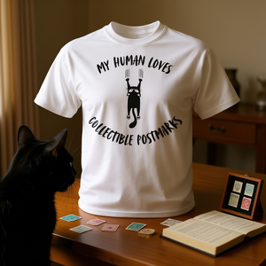 T-shirt unisexe pour adulte à manches courtes et col rond, imprimé en sérigraphie, avec le motif « Mon humain aime les tampons postaux de collection » et « Hobby des propriétaires de chats » - Product Image 3