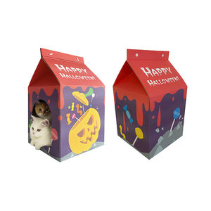 100% Material reciclado cartón Feliz Halloween tema caja de leche forma gato casa para rascar para gatos escondiéndose para dormir - Product Image 2