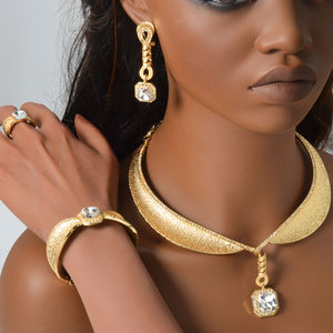 Parure de bijoux de mariée tendance, magnifique ensemble en laiton plaqué or 18 carats avec zircon, comprenant bague, collier, boucles d'oreilles et bracelet, unisexe, pour femme, idéal pour mariage et soirée - Product Image 5